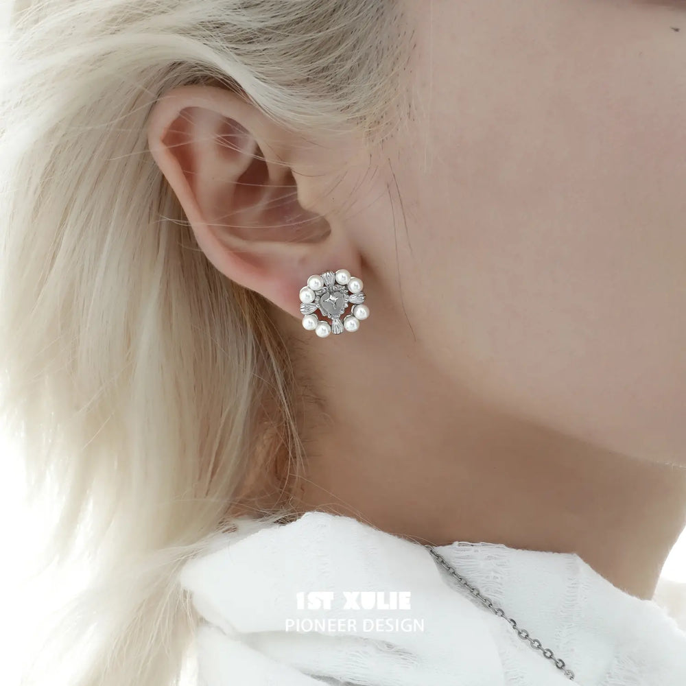 1ST XULIE "Tears of Mermaid" Elegant White Agate and Pearl Halo Stud Earrings in 925 Sterling Silver - Angled View