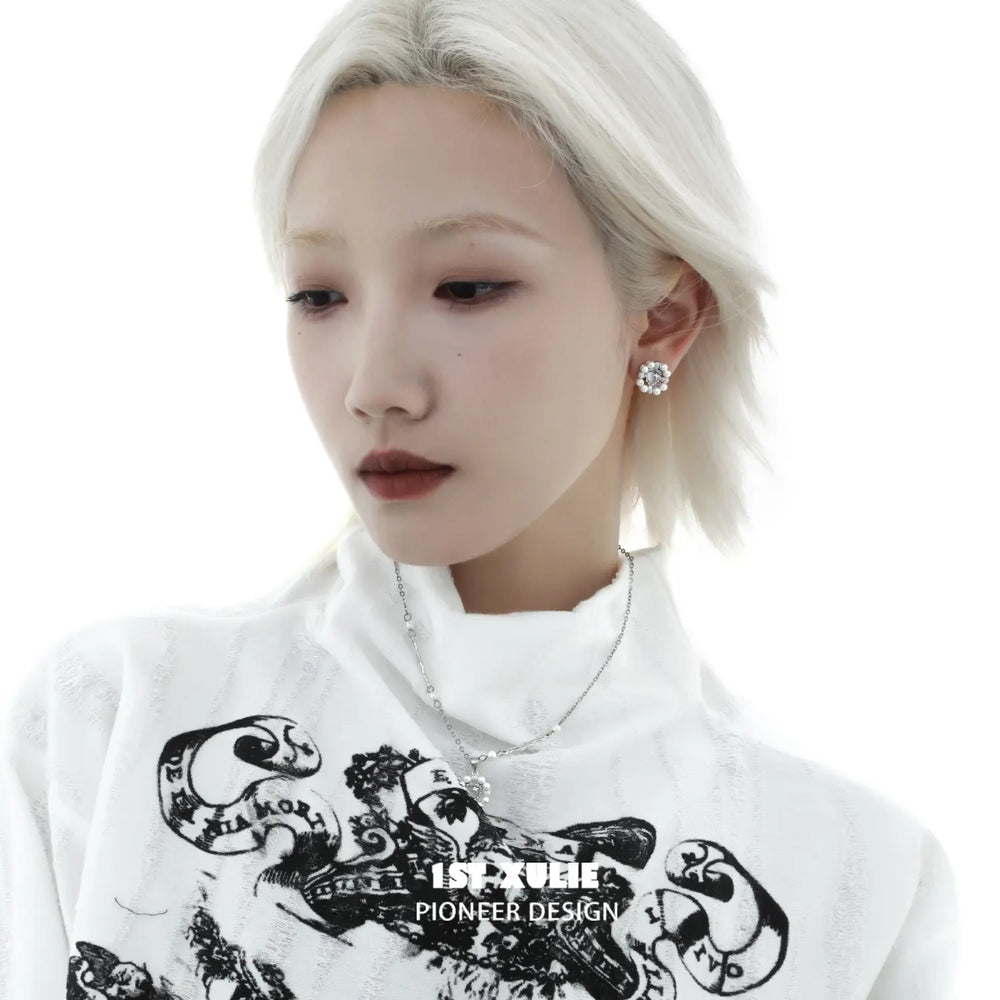 1ST XULIE "Tears of Mermaid" Elegant White Agate and Pearl Halo Stud Earrings in 925 Sterling Silver - Back View