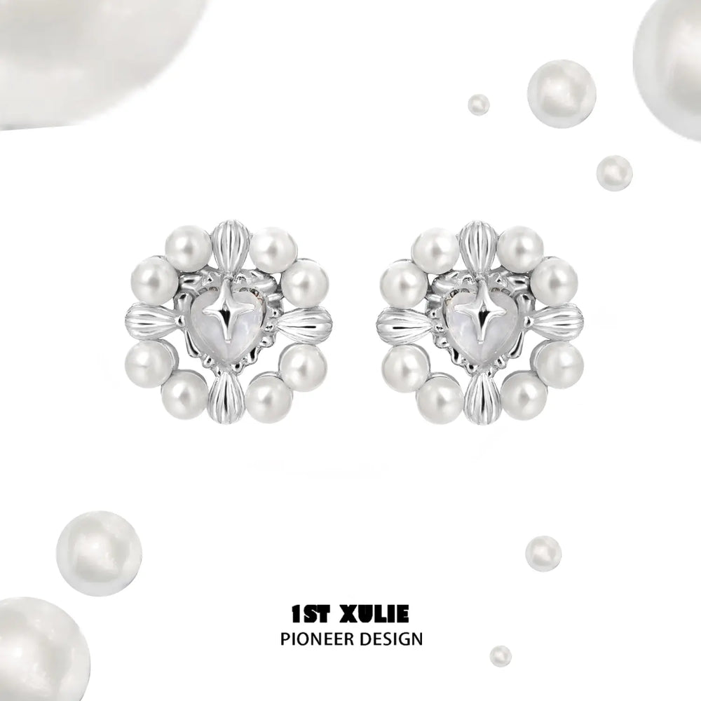 1ST XULIE "Tears of Mermaid" Elegant White Agate and Pearl Halo Stud Earrings in 925 Sterling Silver - Product View