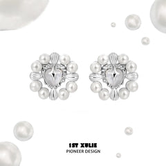 1ST XULIE "Tears of Mermaid" Elegant White Agate and Pearl Halo Stud Earrings in 925 Sterling Silver - Product View