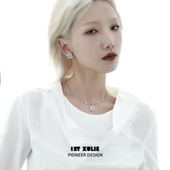 1ST XULIE "Tears of Mermaid" Dainty White Agate and Pearl Pendant Necklace in 925 Sterling Silver - On Model Close-Up