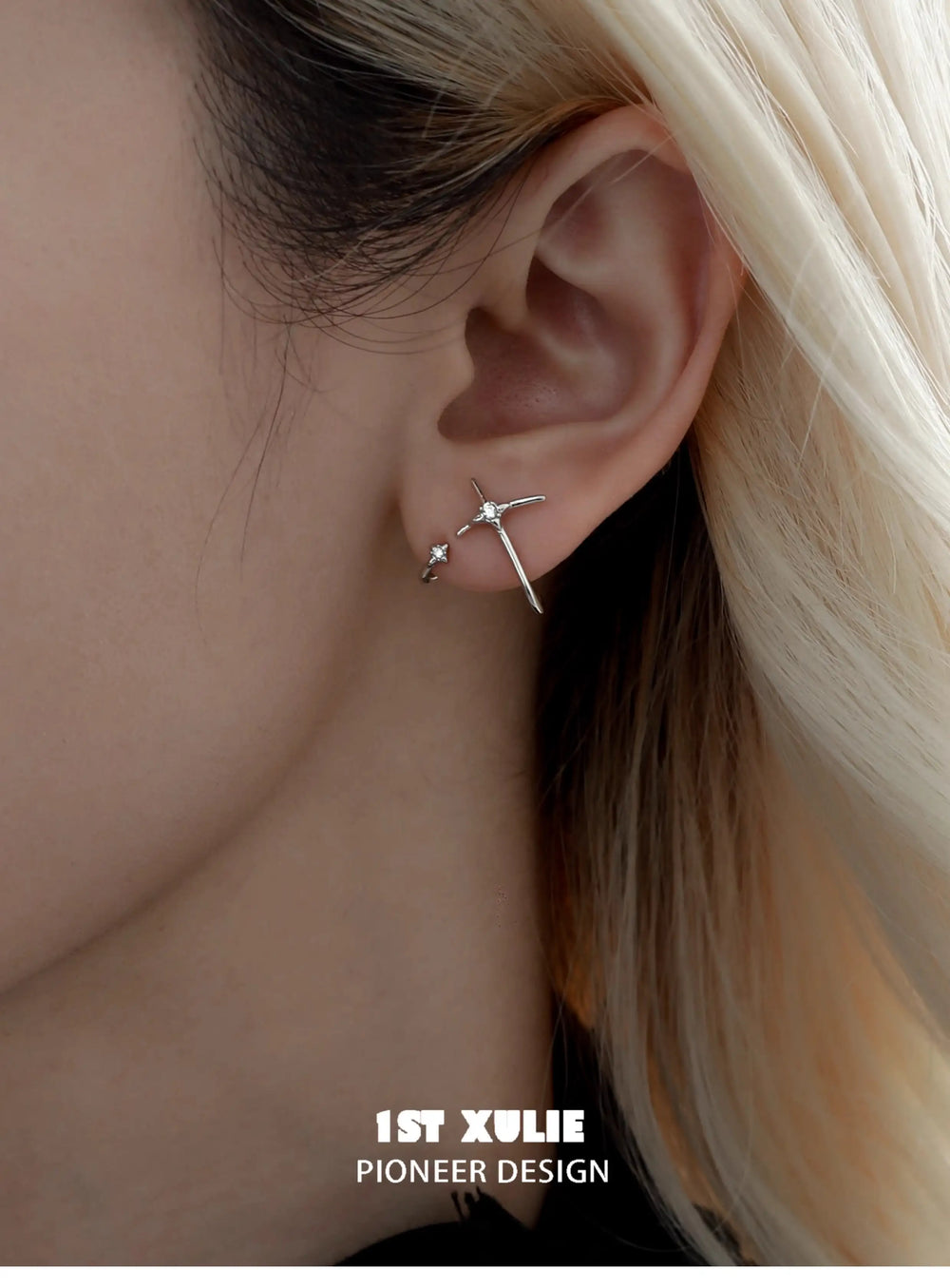 1ST XULIE "Silver Angel" Angel Hook Zircon Stud Earrings in Platinum Plated 925 Sterling Silver - Side View