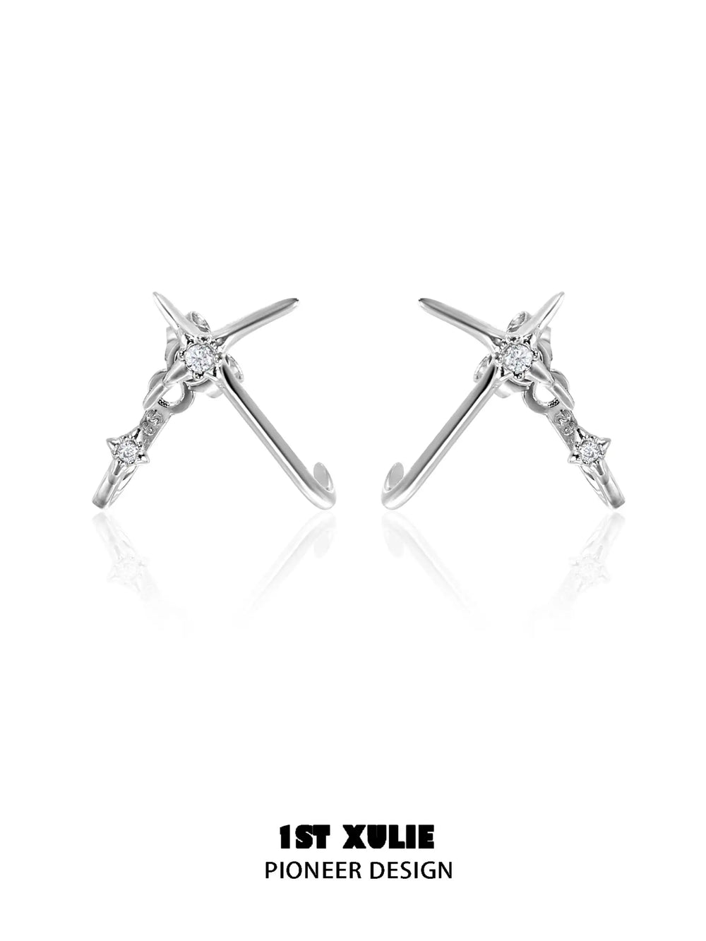 1ST XULIE "Silver Angel" Angel Hook Zircon Stud Earrings in Platinum Plated 925 Sterling Silver - Product View