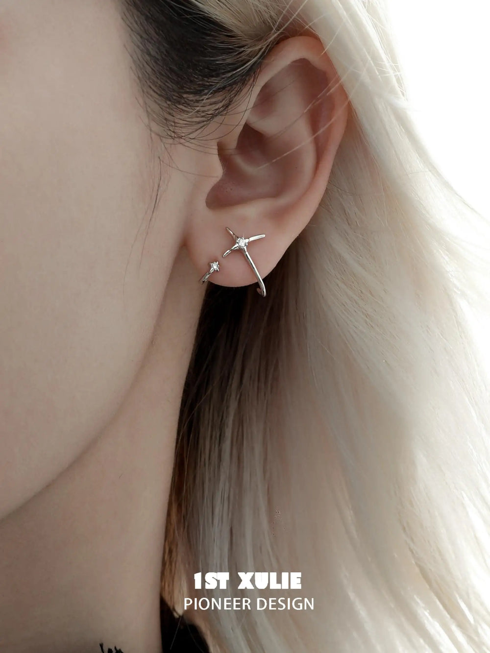 1ST XULIE "Silver Angel" Angel Hook Zircon Stud Earrings in Platinum Plated 925 Sterling Silver - On Model