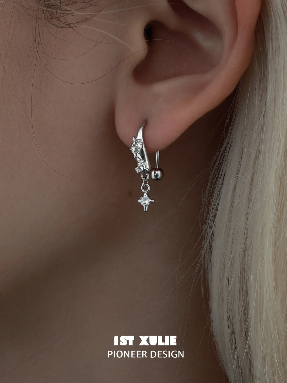 1ST XULIE "Silver Angel" Dainty Zirconia Angel Wing Dangle Earrings in 925 Sterling Silver - Detail Shot