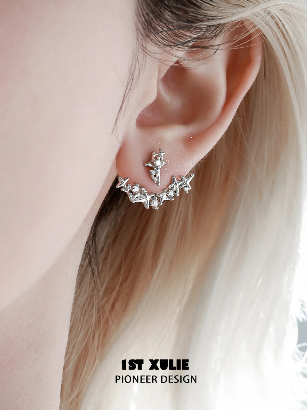 1ST XULIE "Silver Angel" Stardust Angel Wing Statement Drop Earrings in Platinum Plated - On Model