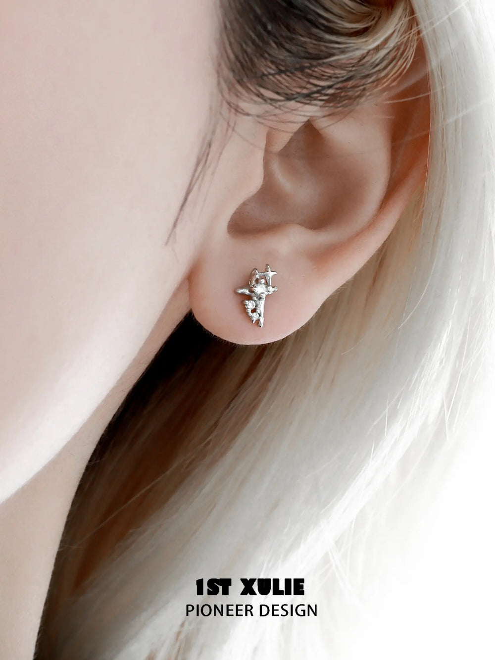 1ST XULIE "Silver Angel" Stardust Angel Wing Statement Drop Earrings in Platinum Plated - On Model Close-up