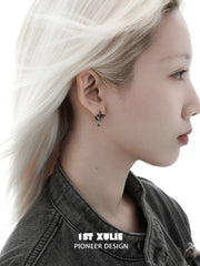1ST XULIE "Irises" Vintage Angel Wing Huggie Hoop Drop Earrings in Oxidized Platinum Plated Brass - On Model