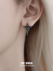 1ST XULIE "Irises" Vintage Angel Wing Huggie Hoop Drop Earrings in Oxidized Platinum Plated Brass - Side View