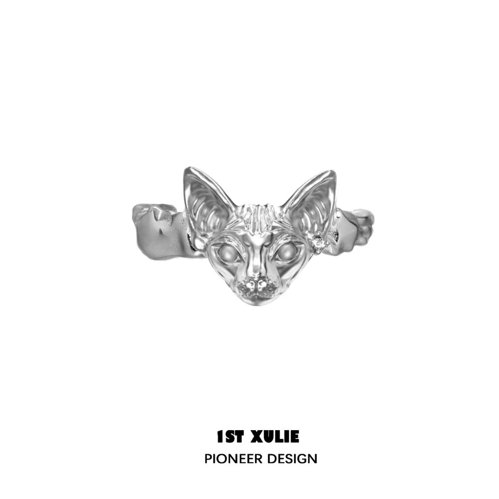 1ST XULIE "Cat's Gaze" Statement Angular Cat Head Open Ring in 925 Sterling Silver - Product View