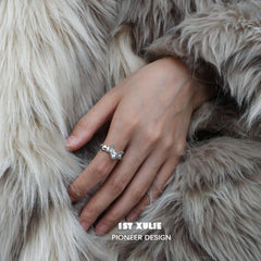 1ST XULIE "Cat's Gaze" Statement Angular Cat Head Open Ring in 925 Sterling Silver - On Model