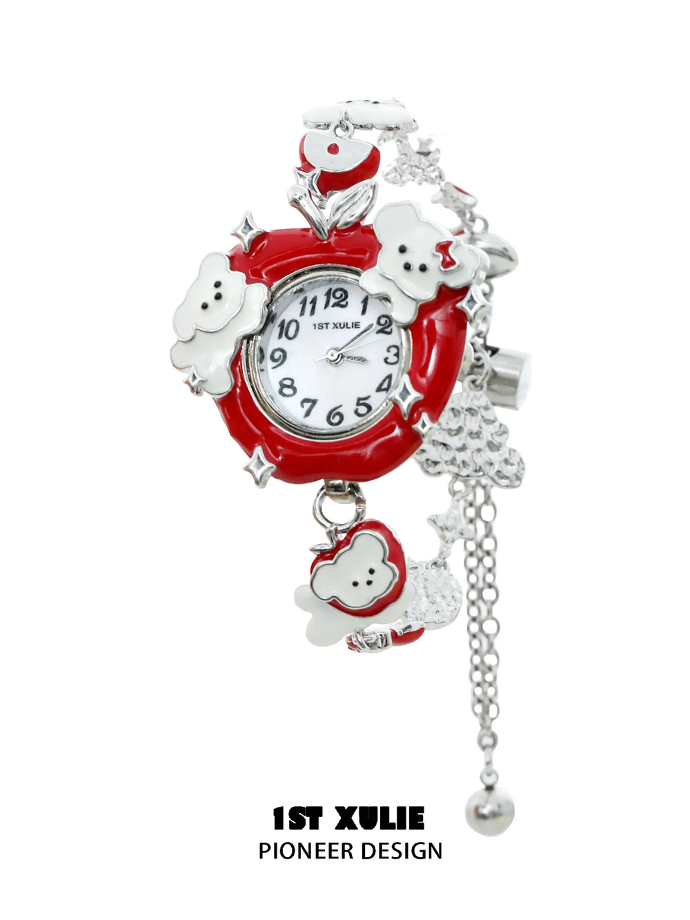 1ST XULIE "Cuties' Appleland" Whimsical Apple Puppy Charm Bracelet Watch in 18K Gold Plated Resin - Detail Shot