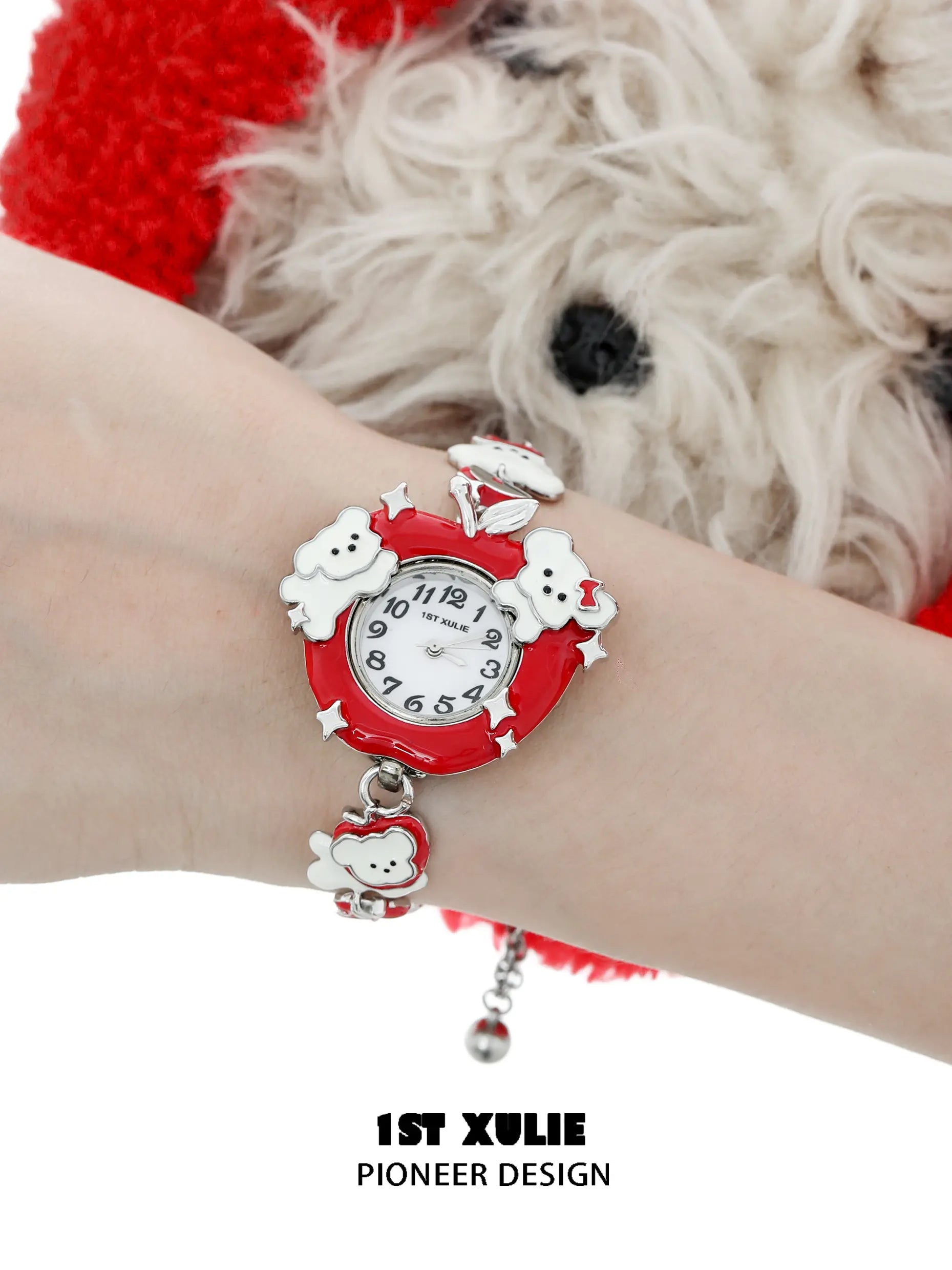 1ST XULIE "Cuties' Appleland" Whimsical Apple Puppy Charm Bracelet Watch in 18K Gold Plated Resin - Product View 1ST XULIE "Cuties' Appleland" Whimsical Apple Puppy Charm Bracelet Watch in 18K Gold Plated Resin - Product View