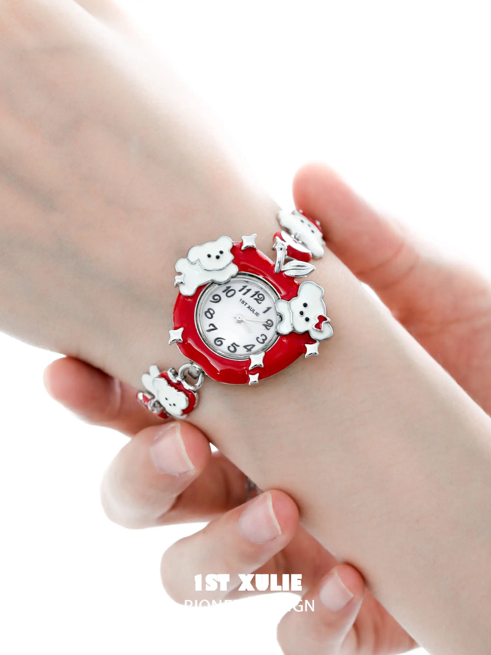 1ST XULIE "Cuties' Appleland" Whimsical Apple Puppy Charm Bracelet Watch in 18K Gold Plated Resin - On Model