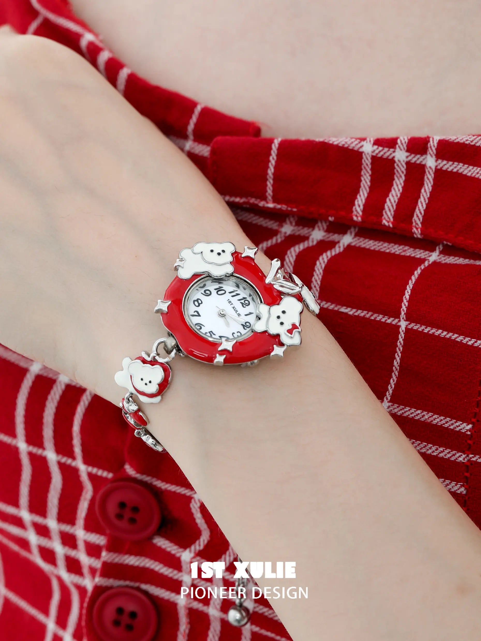 1ST XULIE "Cuties' Appleland" Whimsical Apple Puppy Charm Bracelet Watch in 18K Gold Plated Resin - On Model Close-Up 1ST XULIE "Cuties' Appleland" Whimsical Apple Puppy Charm Bracelet Watch in 18K Gold Plated Resin - On Model Close-Up