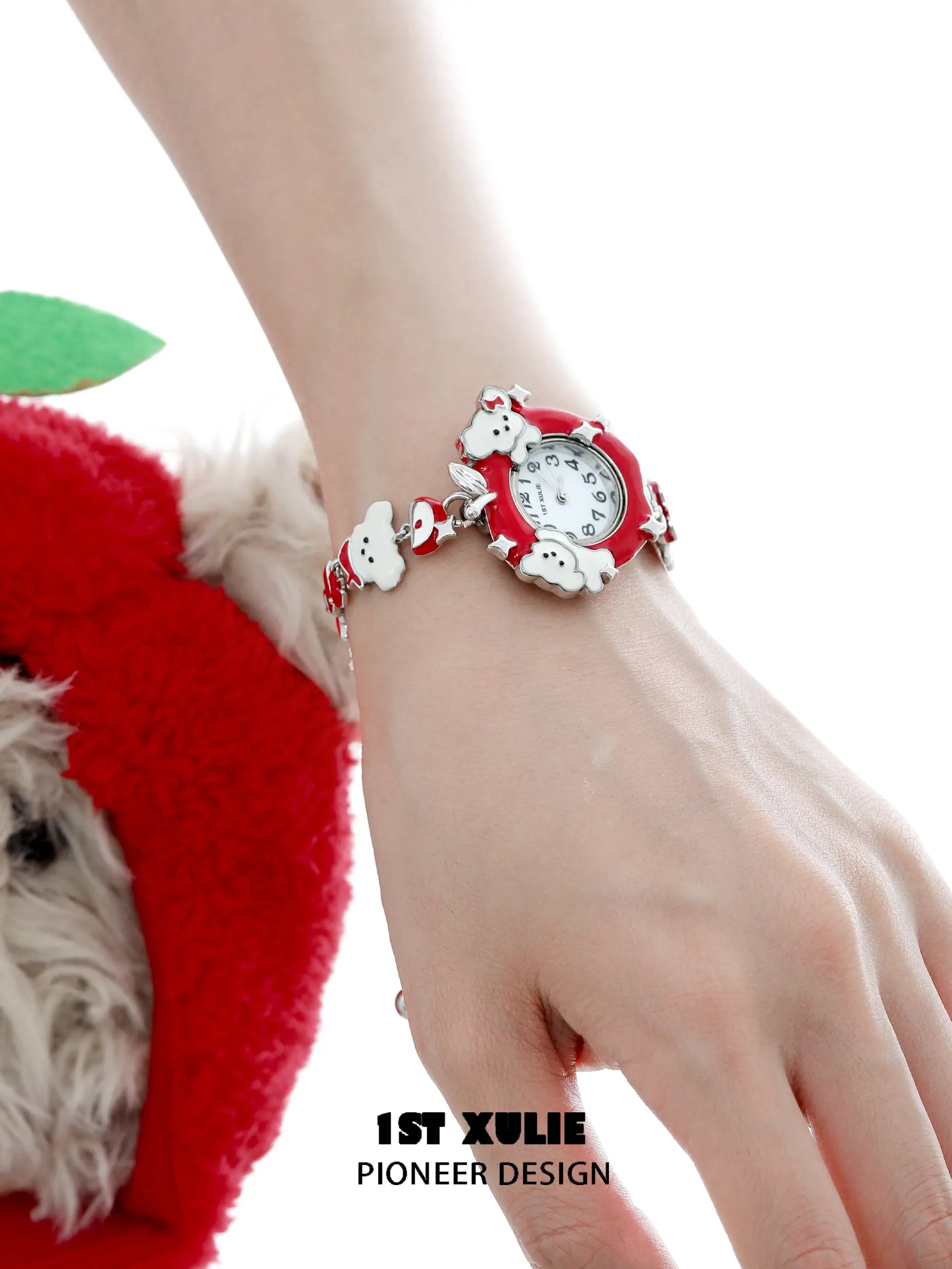1ST XULIE "Cuties' Appleland" Whimsical Apple Puppy Charm Bracelet Watch in 18K Gold Plated Resin - Side View 1ST XULIE "Cuties' Appleland" Whimsical Apple Puppy Charm Bracelet Watch in 18K Gold Plated Resin - Side View