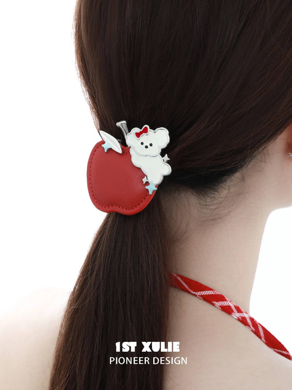 1ST XULIE "Cuties' Appleland" Apple Puppy Braided Hair Clip in Platinum Plated Brass - Angle View