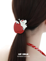 1ST XULIE "Cuties' Appleland" Apple Puppy Braided Hair Clip in Platinum Plated Brass - Angle View