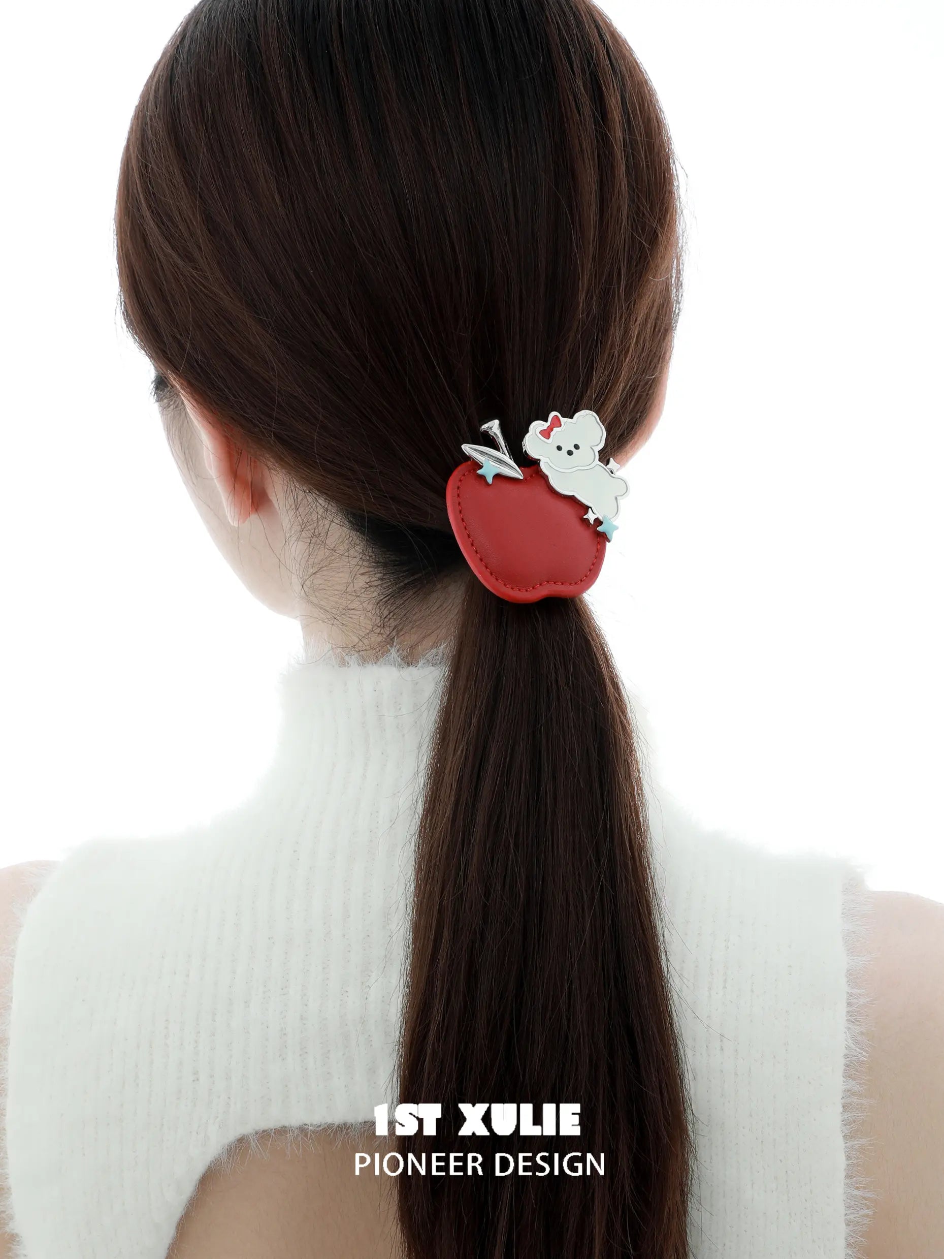 1ST XULIE "Cuties' Appleland" Apple Puppy Braided Hair Clip in Platinum Plated Brass - Back View 1ST XULIE "Cuties' Appleland" Apple Puppy Braided Hair Clip in Platinum Plated Brass - Back View