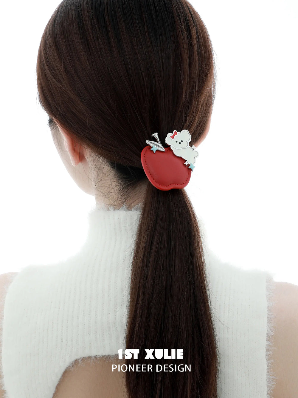 1ST XULIE "Cuties' Appleland" Apple Puppy Braided Hair Clip in Platinum Plated Brass - Back View