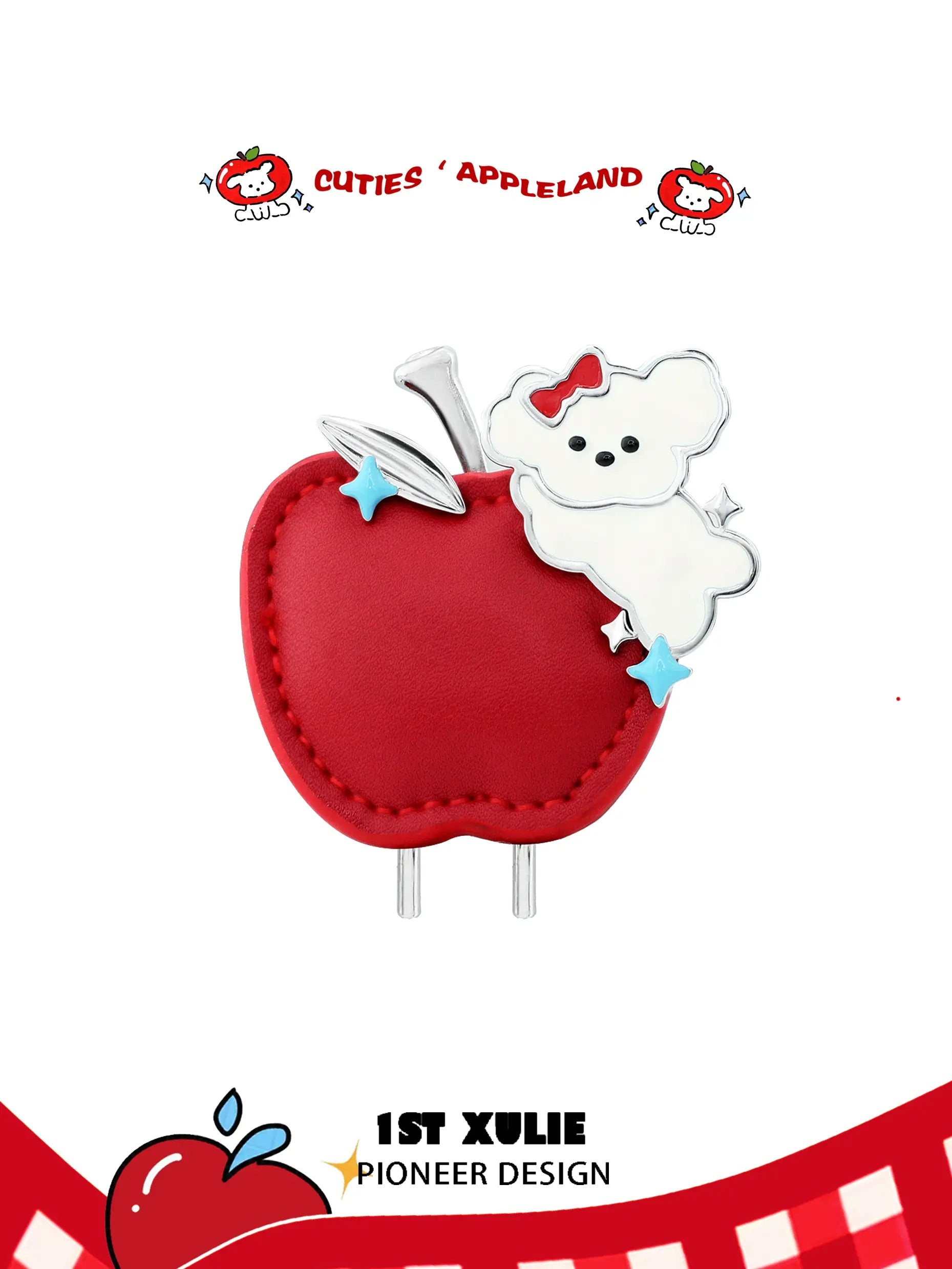 1ST XULIE "Cuties' Appleland" Apple Puppy Braided Hair Clip in Platinum Plated Brass - On Model 1ST XULIE "Cuties' Appleland" Apple Puppy Braided Hair Clip in Platinum Plated Brass - On Model