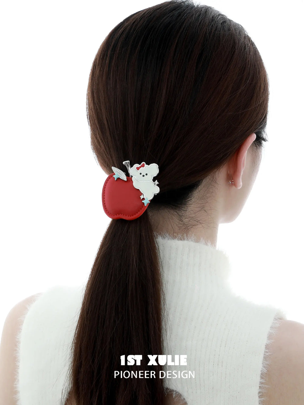1ST XULIE "Cuties' Appleland" Apple Puppy Braided Hair Clip in Platinum Plated Brass - Texture Detail Shot