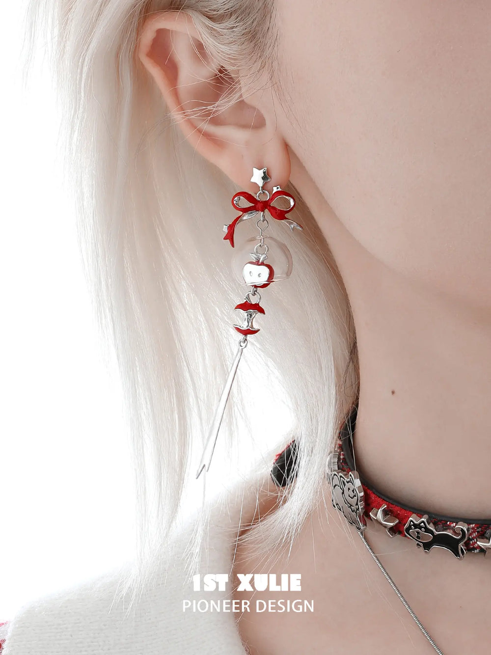 1ST XULIE Jewelry "Cuties' Appleland" Apple Wind Chime Statement Drop Earrings in Platinum Plated Brass - Side View