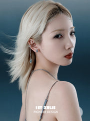 1ST XULIE "Loong-Ling" Aquamarine Dragon Scale Dangle Ear Cuffs in Platinum Plated - On Model Close-up