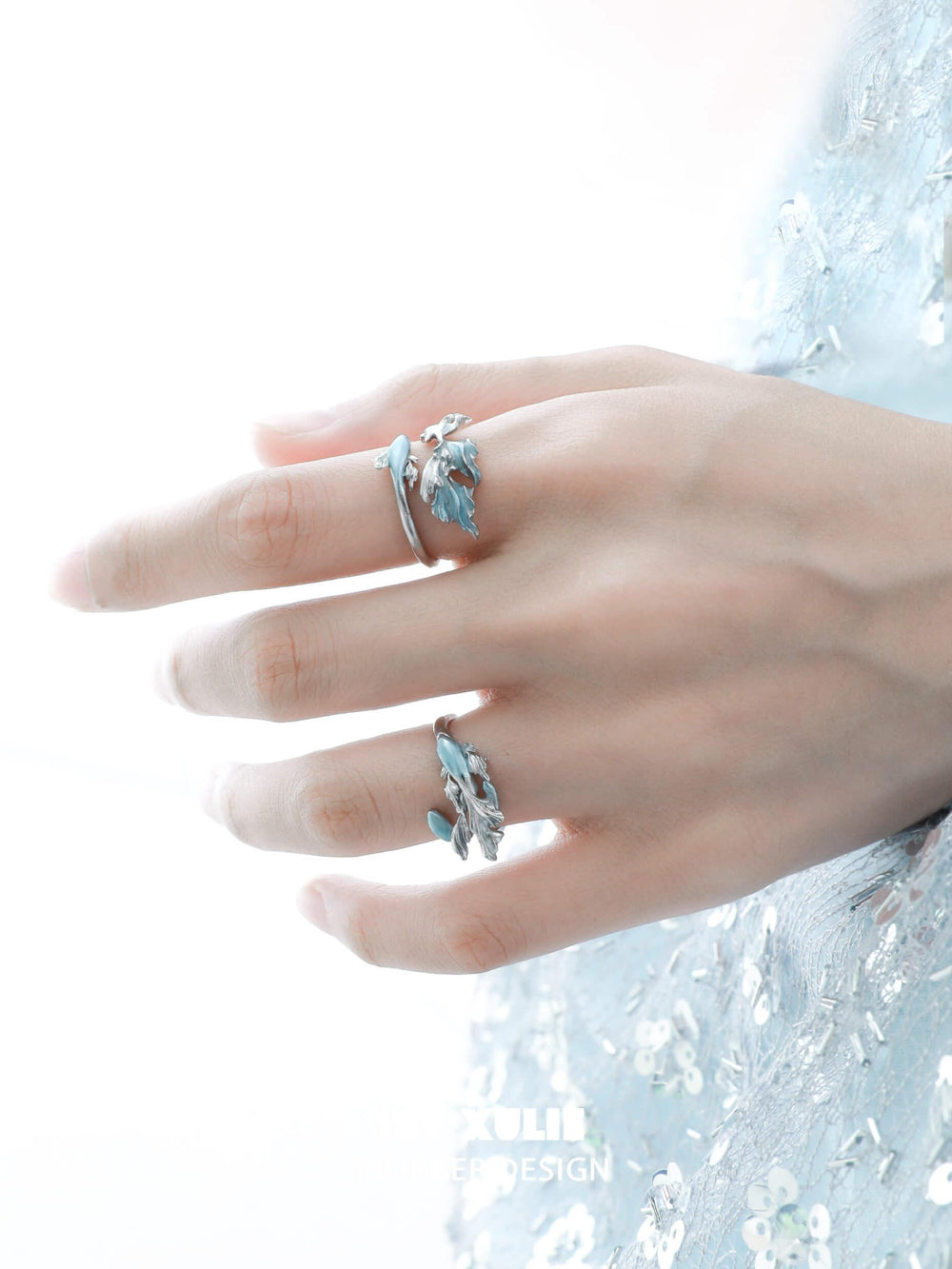 1ST XULIE "The Sea" Aquamarine Goldfish Ring in 925 Sterling Silver - On Model Close Up