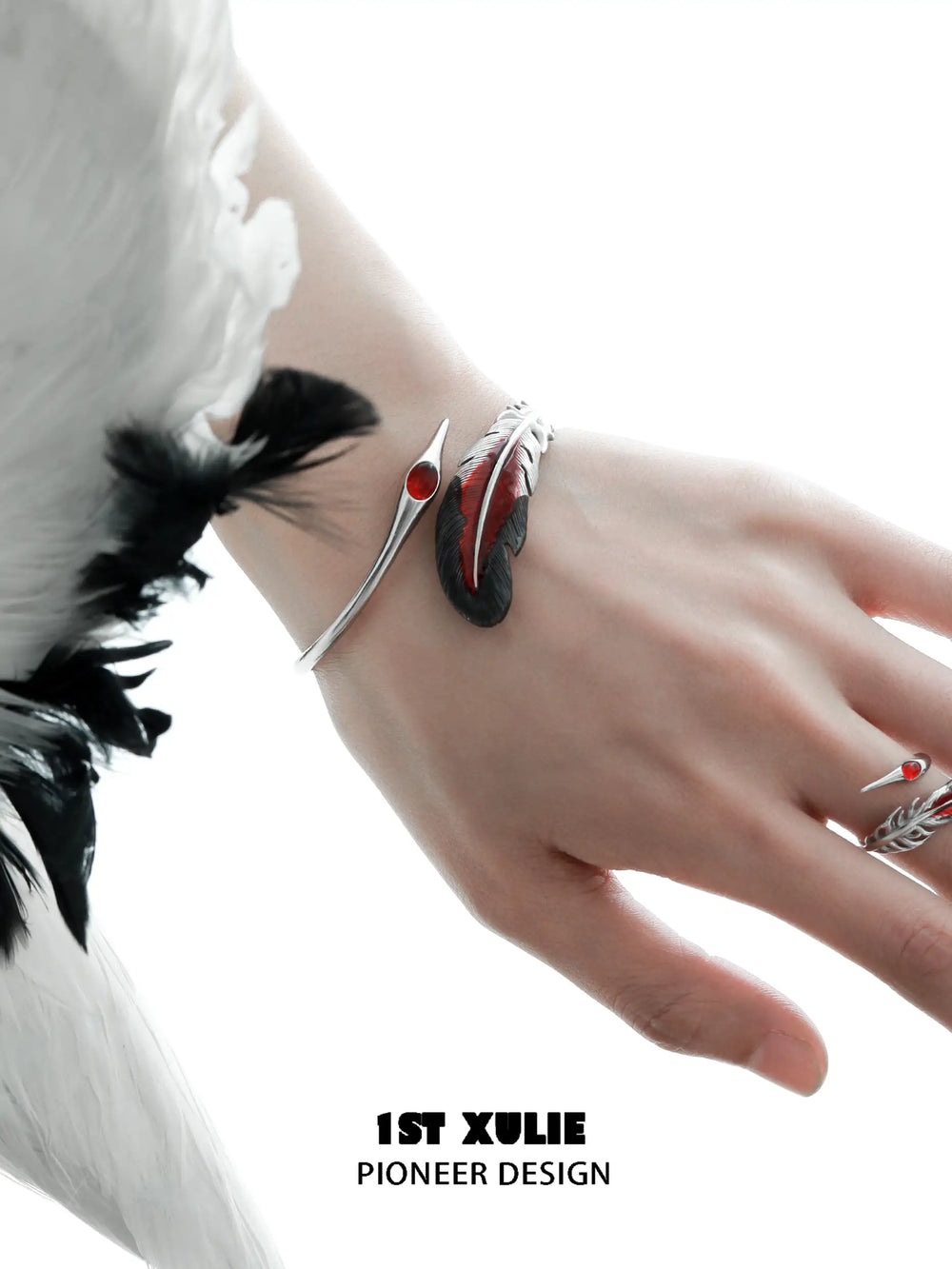 1ST XULIE "Soaring Cranes" Artistic Feather Bangle Bracelet in Platinum Plated - Side View