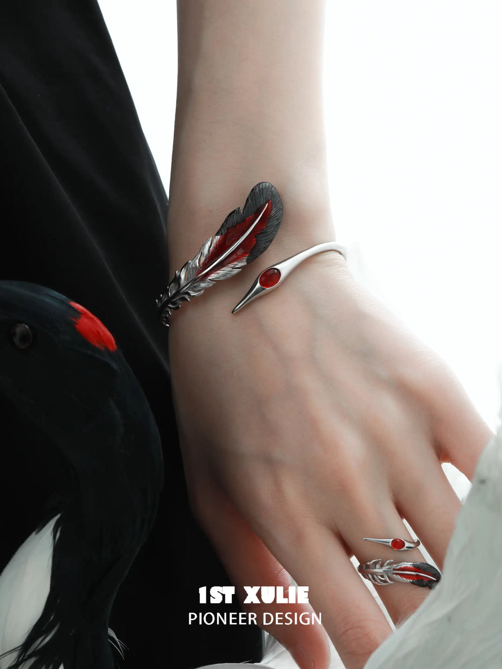 1ST XULIE "Soaring Cranes" Artistic Feather Bangle Bracelet in Platinum Plated - Detail Shot