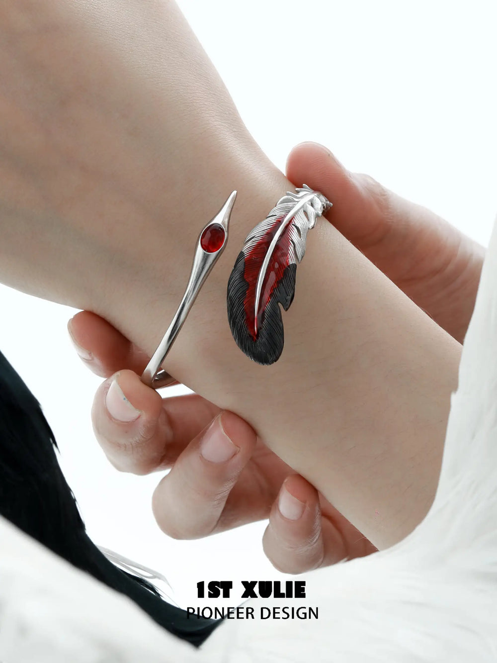 1ST XULIE "Soaring Cranes" Artistic Feather Bangle Bracelet in Platinum Plated - Product View