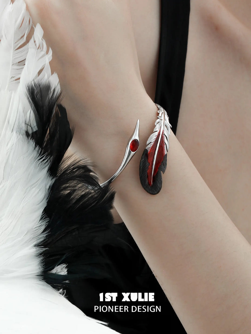 1ST XULIE "Soaring Cranes" Artistic Feather Bangle Bracelet in Platinum Plated - On Model Close Up