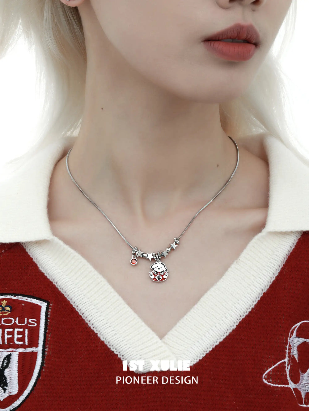 1ST XULIE "Graffiti Puppy" Platinum Plated Artistic Graffiti Puppy Choker, Pendant Necklace in Platinum Plated Brass - Angle View