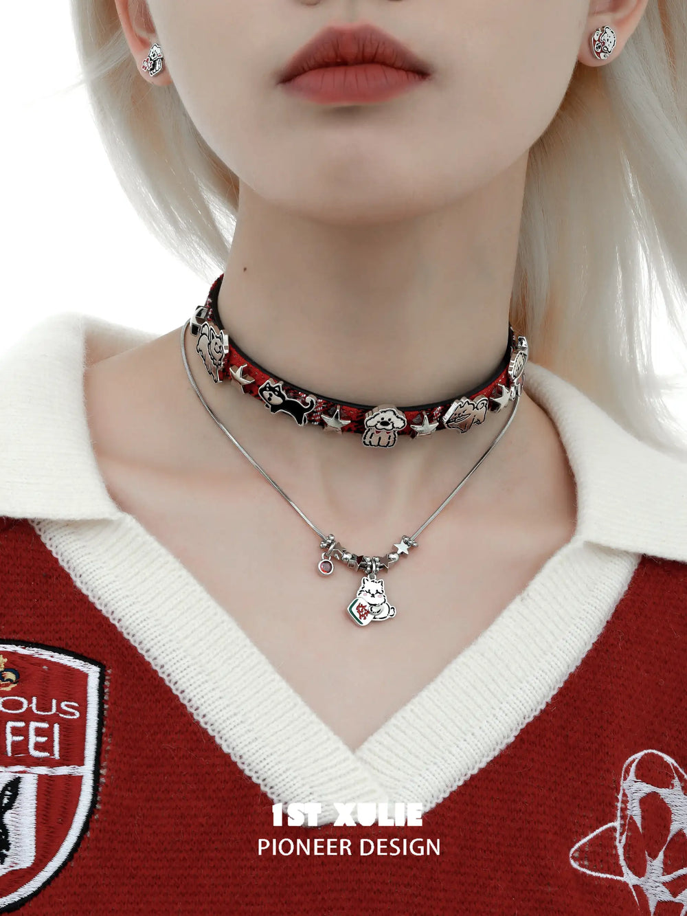 1ST XULIE "Graffiti Puppy" Platinum Plated Artistic Graffiti Puppy Choker, Pendant Necklace in Platinum Plated Brass - Detail Shot