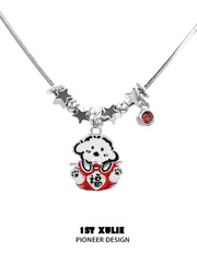 1ST XULIE "Graffiti Puppy" Platinum Plated Artistic Graffiti Puppy Choker, Pendant Necklace in Platinum Plated Brass - On Model Close-Up