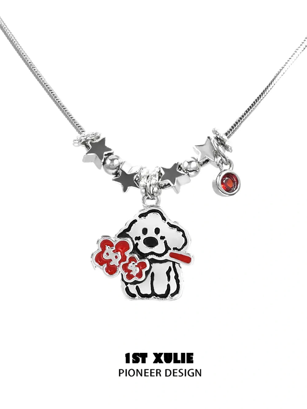 1ST XULIE "Graffiti Puppy" Platinum Plated Artistic Graffiti Puppy Choker, Pendant Necklace in Platinum Plated Brass - Side View