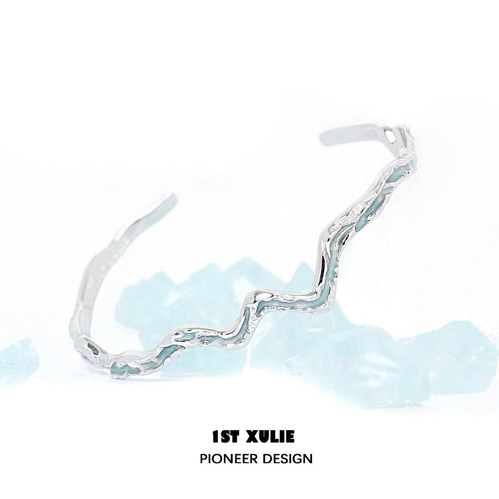 1ST XULIE "THE SEA" Artistic Irregular Wave Cuff Bracelet in 925 Sterling Silver - On Model