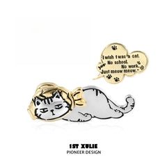 1ST XULIE "Graffiti Kitten" Artistic Lazy Kitten Brooch Set in Platinum Plated - Side View