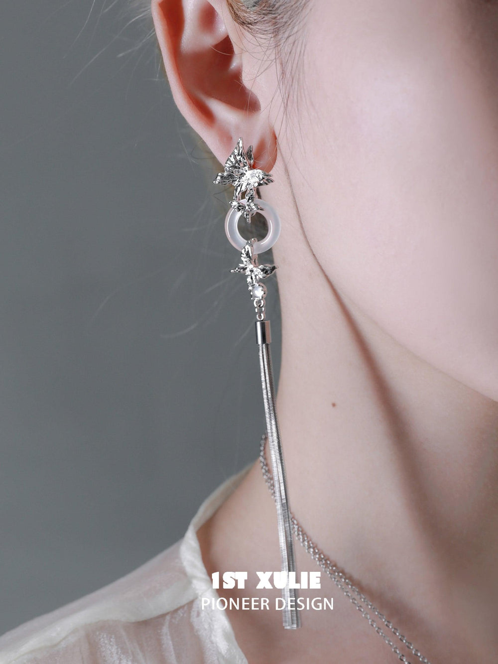 1ST XULIE "Whiterfly" Asymmetrical Butterfly Statement Tassel Earrings in 24K Gold & Platinum Plated - Angled View