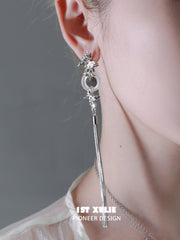 1ST XULIE "Whiterfly" Asymmetrical Butterfly Statement Tassel Earrings in 24K Gold & Platinum Plated - Angled View