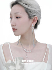 1ST XULIE "Whiterfly" Asymmetrical Butterfly Statement Tassel Earrings in 24K Gold & Platinum Plated - Detail Shot