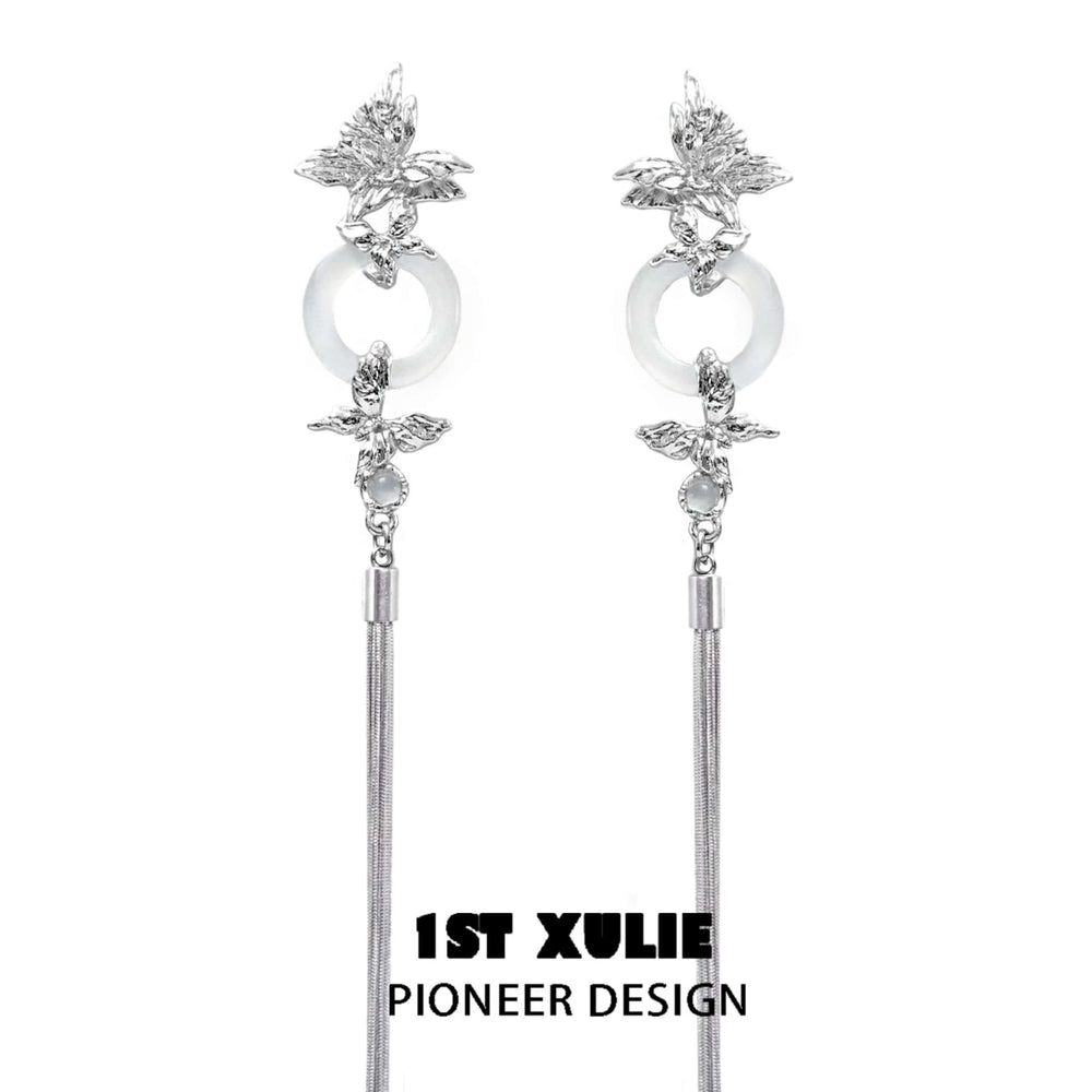 1ST XULIE "Whiterfly" Asymmetrical Butterfly Statement Tassel Earrings in 24K Gold & Platinum Plated - Product View