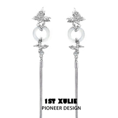 1ST XULIE "Whiterfly" Asymmetrical Butterfly Statement Tassel Earrings in 24K Gold & Platinum Plated - Product View