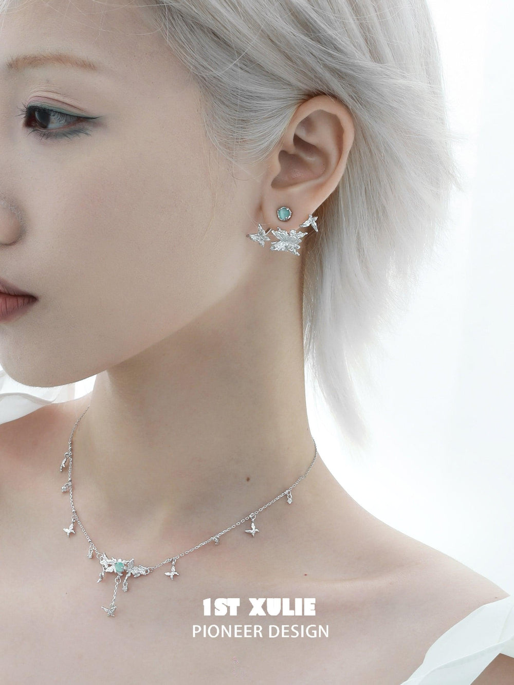 1ST XULIE "Whiterfly" Asymmetrical Butterfly Wing Stud Earrings in Platinum & 24K Gold - Product View