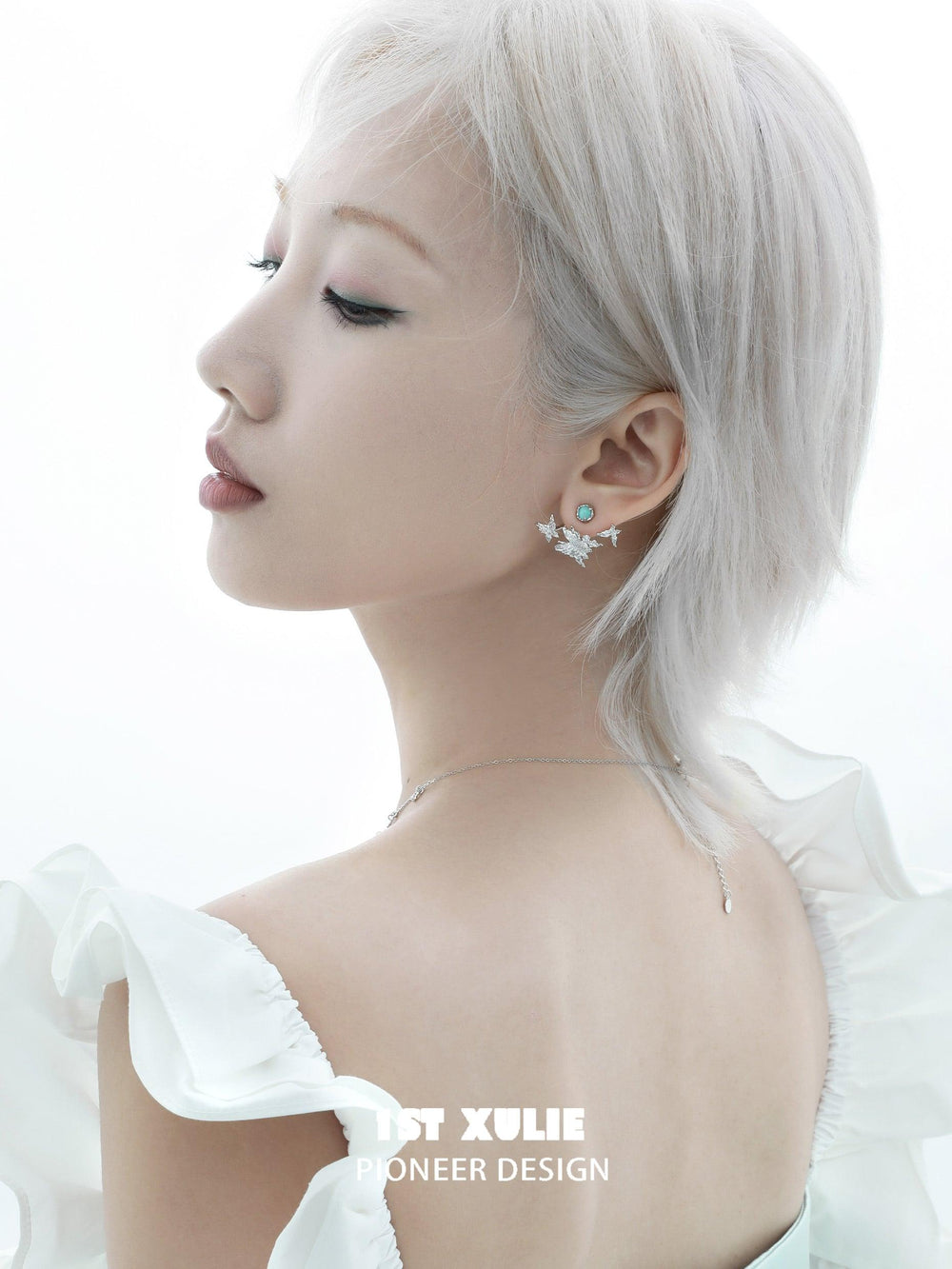 1ST XULIE "Whiterfly" Asymmetrical Butterfly Wing Stud Earrings in Platinum & 24K Gold - Detail Shot