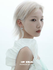 1ST XULIE "Whiterfly" Asymmetrical Butterfly Wing Stud Earrings in Platinum & 24K Gold - Lifestyle Shot