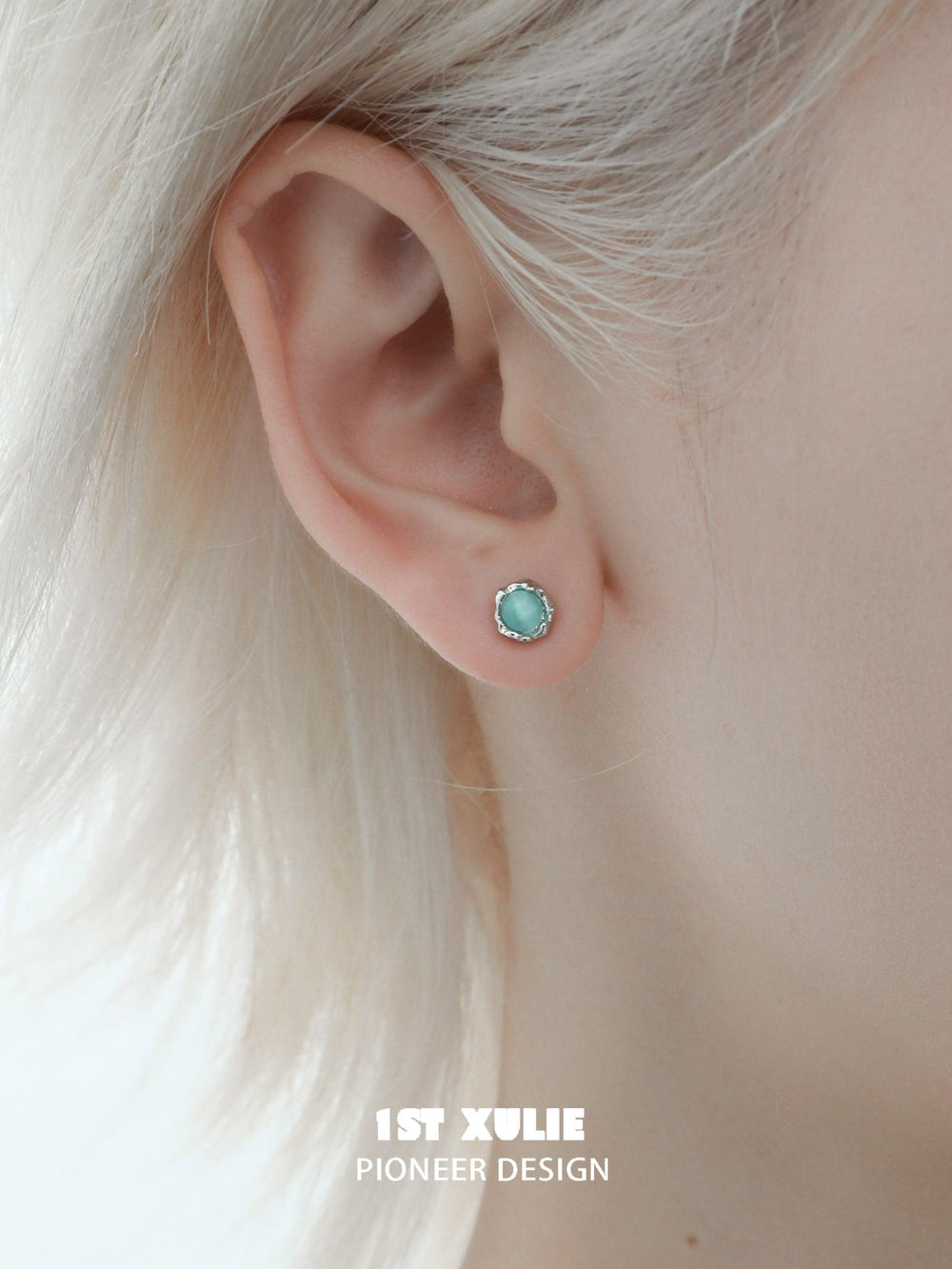 1ST XULIE "Whiterfly" Asymmetrical Butterfly Wing Stud Earrings in Platinum & 24K Gold - On Model Close-Up