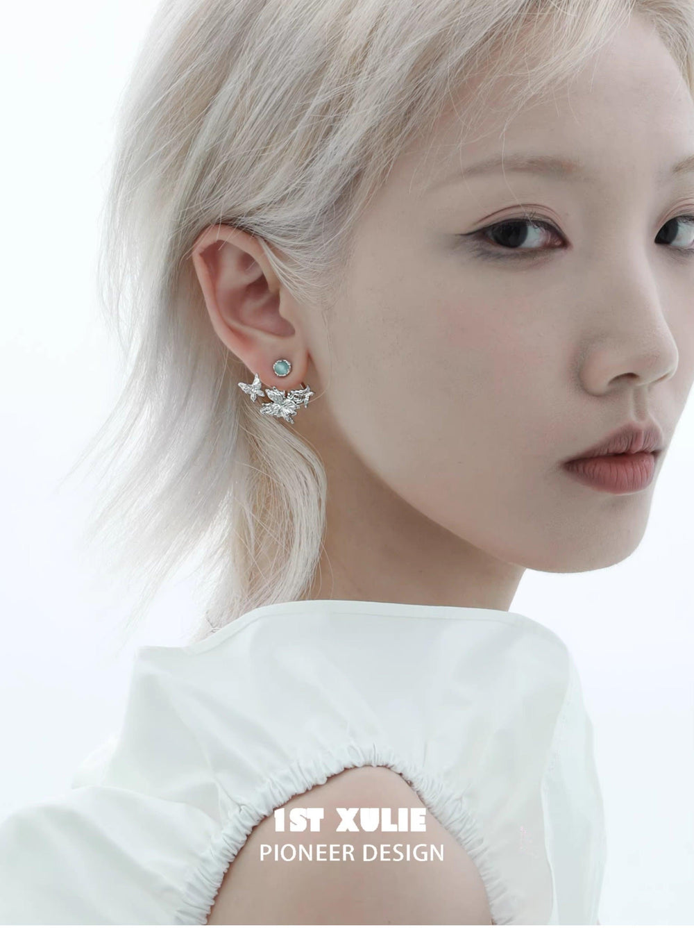 1ST XULIE "Whiterfly" Asymmetrical Butterfly Wing Stud Earrings in Platinum & 24K Gold - Side View