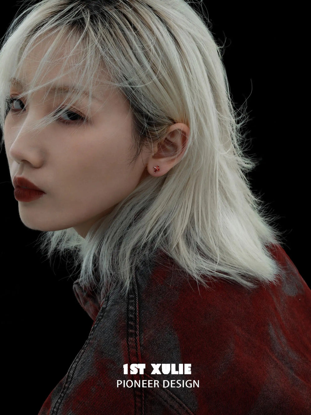 1ST XULIE "Snake Bite" Asymmetrical Cross Stud & Huggie Earrings in Platinum Plated 925 Sterling Silver - Angle View